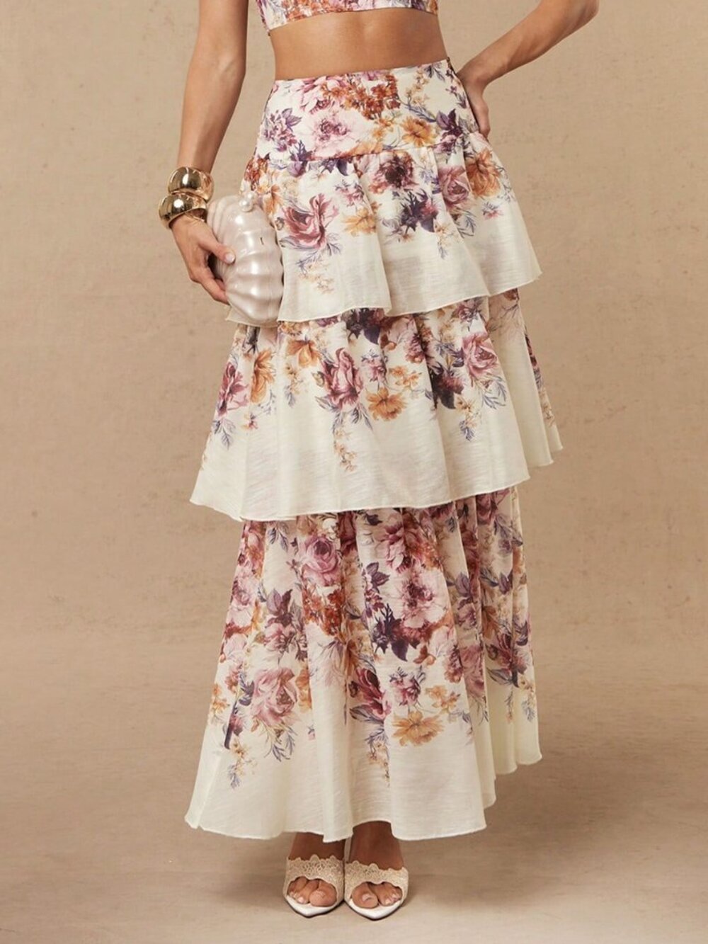 Apricot Boho Women's Elegant Vacation Layered Ruffle Hem Printed A-Line Skirt